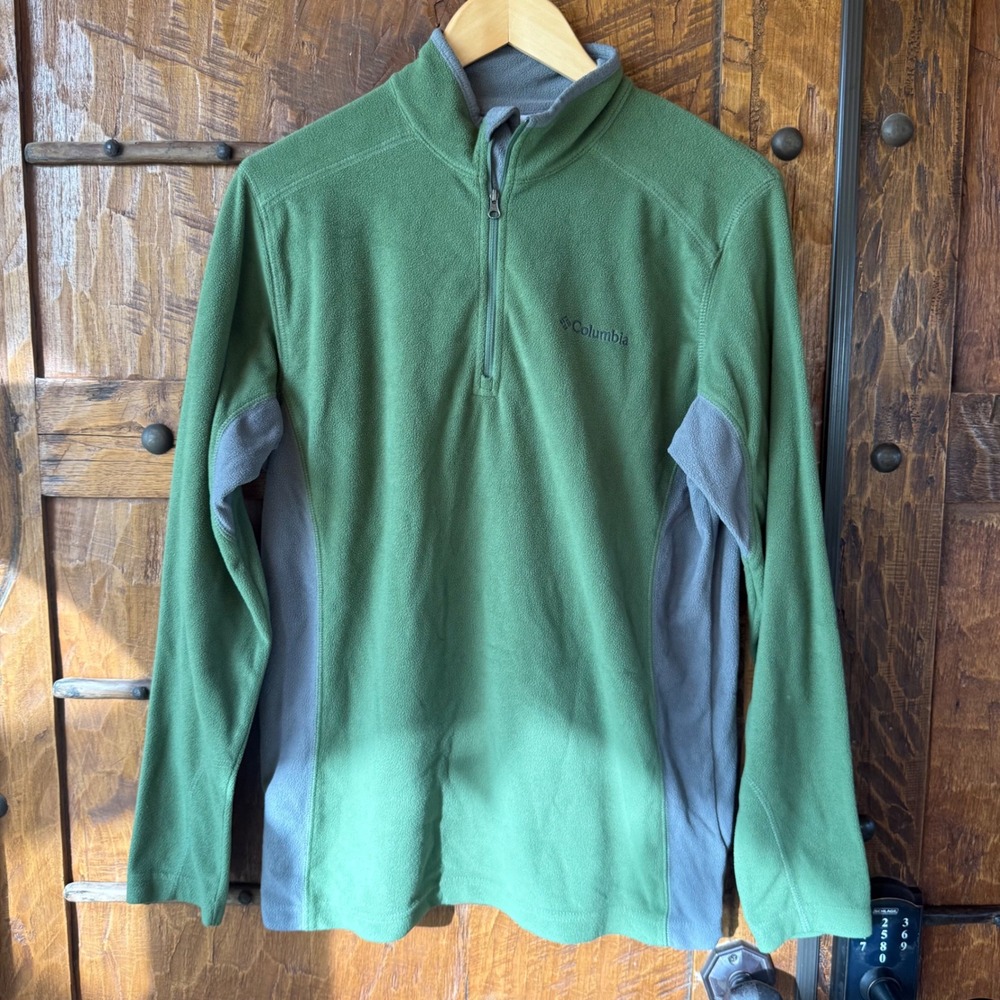 Columbia Mens 1/4 Zip Fleece Pullover Green Grey Size Small Hiking Outdoor wear